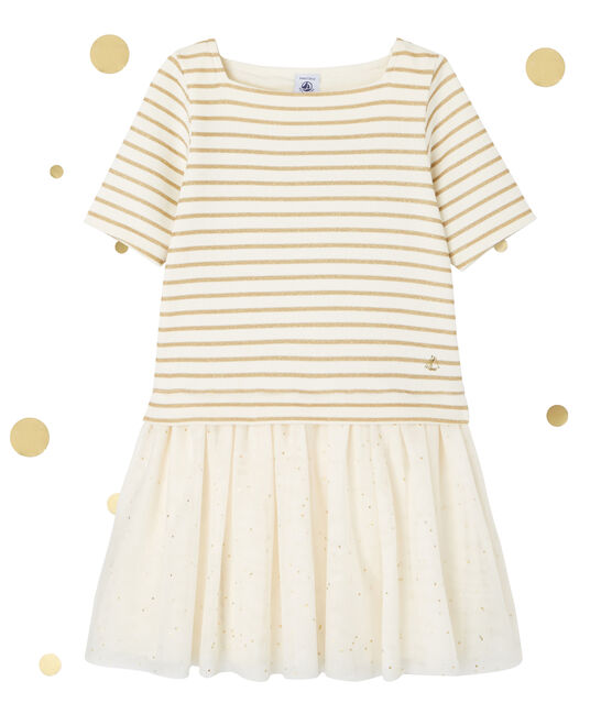 Robe fille bi-matière à rayures brillantes beige COQUILLE/jaune LUREX DORE