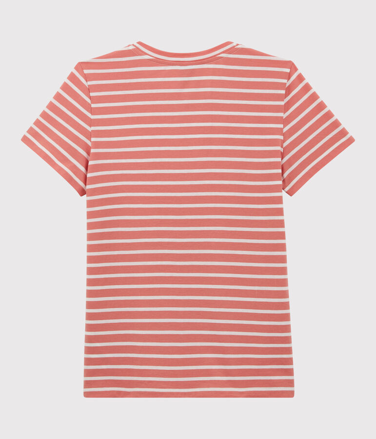 Tee-shirt LE DROIT col rond en coton bio Femme rose/blanc