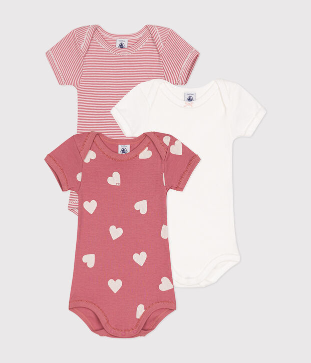 Lot de 3 bodies manches courtes c&oelig;urs en coton b&eacute;b&eacute; multicouleur