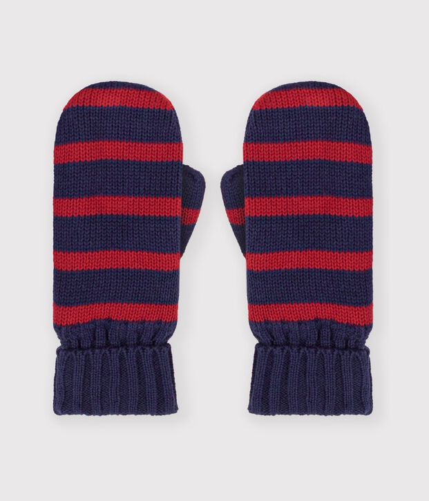 Gebreide wanten met strepen en fleecevoering voor kinderen blauw/rood