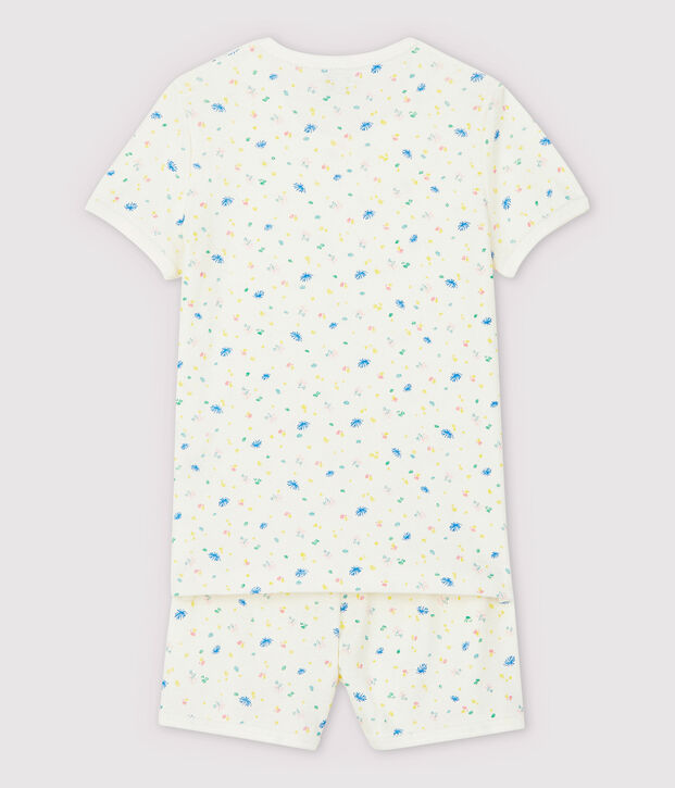 Pyjacourt &agrave; fleurs petite fille en coton et lin blanc/multicouleur