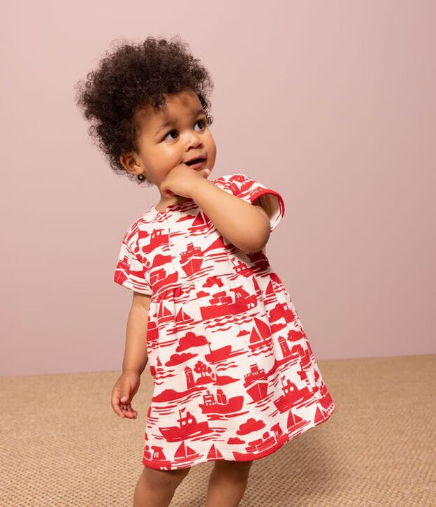 Babyjurk met korte mouwen van molton met print ecru/rood