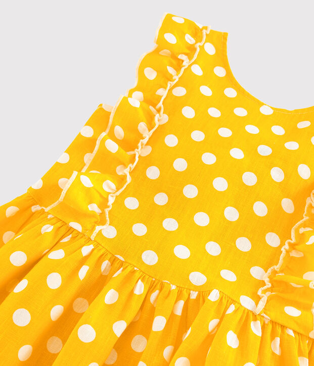 Robe manches courtes en lin enfant fille jaune/blanc