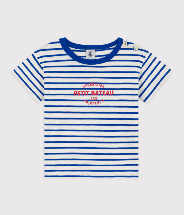 Katoenen T-shirt met korte mouwen en streepjes voor baby's wit/blauw