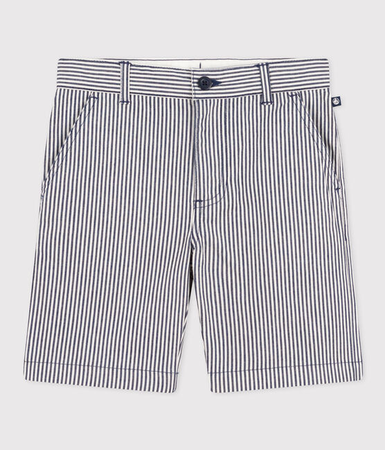 Gestreepte jongensbermuda in katoenlinnen blauw MEDIEVAL/wit MARSHMALLOW