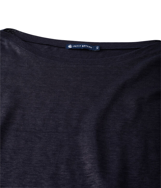 T-shirt femme manches longues en lin laqu&eacute; bleu/bleu