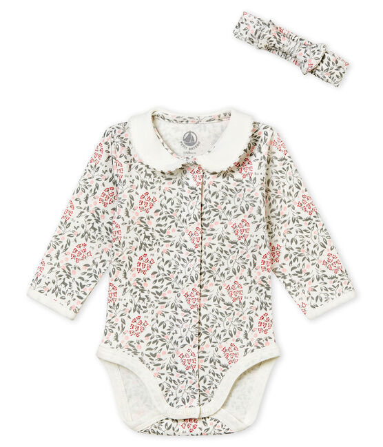 Body met kraag en lange mouwen + haarband met dessin voor babymeisjes wit MARSHMALLOW/wit MULTICO