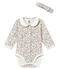 Body met kraag en lange mouwen + haarband met dessin voor babymeisjes wit MARSHMALLOW/wit MULTICO