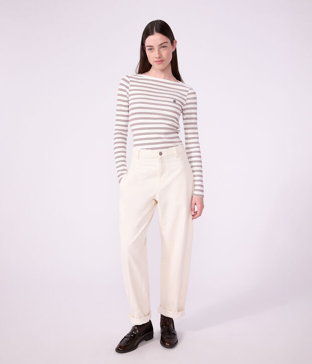 Tee-shirt femme col amiral en coton manches longues &agrave; rayures blanc/rouge