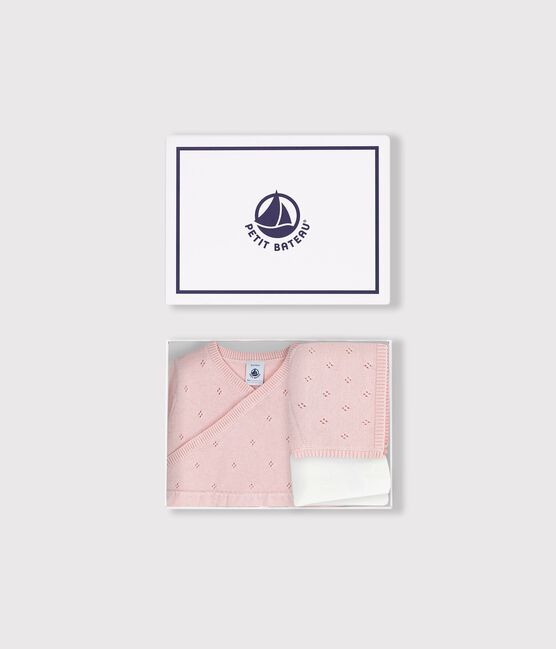 Ensemble cadeau bébé beguin, barboteuse et collant en tricot variante 1