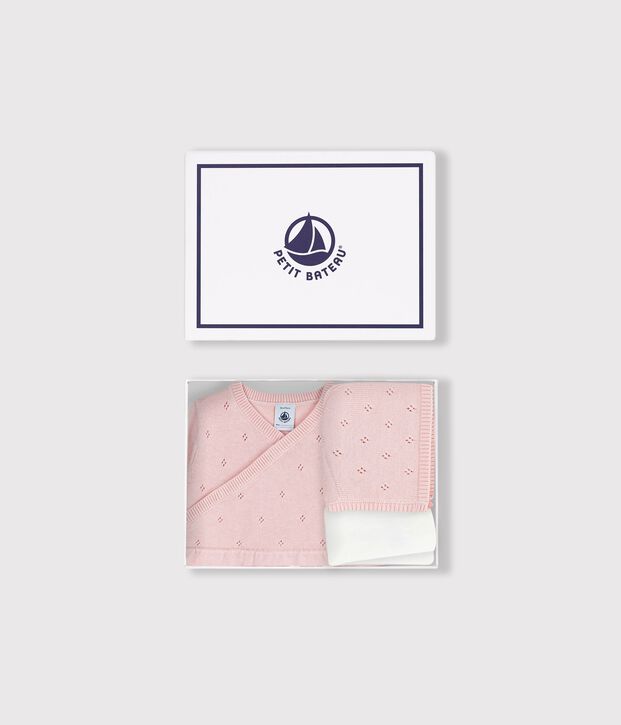 Babycadeausetje met mutsje, kruippakje en broekkousen in tricot multicouleur