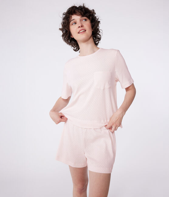 Katoenen korte damespyjama met korte mouwen roze FLEUR