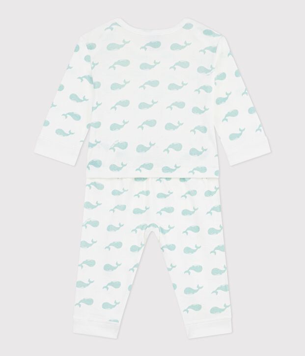 Katoenen babypyjama zonder voetjes met walvisprint wit/blauw