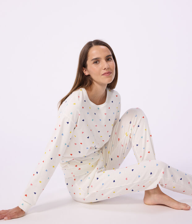 Pyjama femme en coton et &eacute;lasthanne imprim&eacute; c&oelig;urs blanc/multicouleur