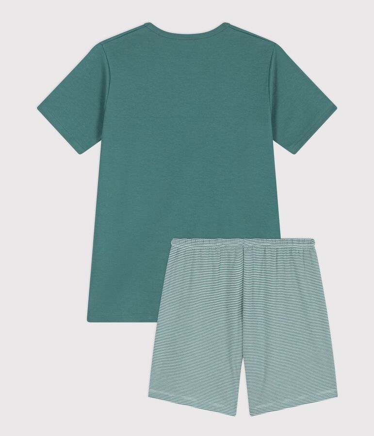 Pyjama short enfant en coton &agrave; rayures vert/blanc
