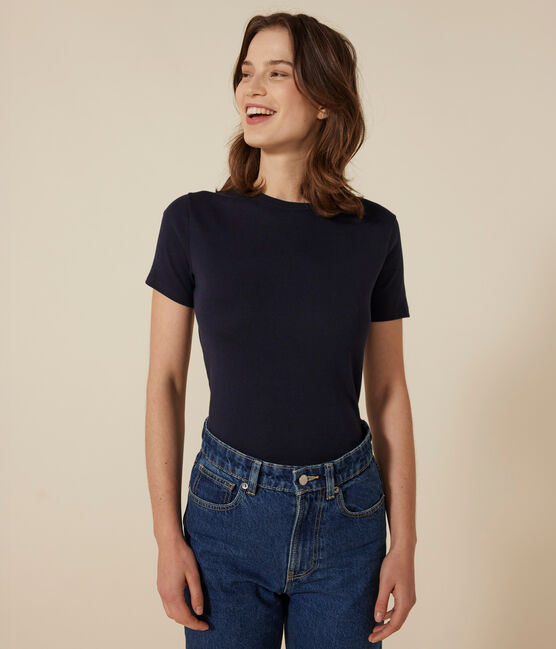 Tee-shirt l'Iconique manches courtes en côte unie femme bleu SMOKING