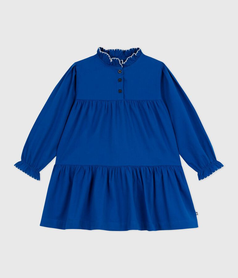 Effen katoenen kinderjurk met lange mouwen blauw
