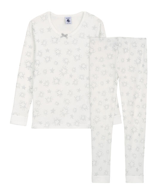 Katoenen snugfit meisjespyjama met glittersterrenprint wit MARSHMALLOW/wit MULTICO