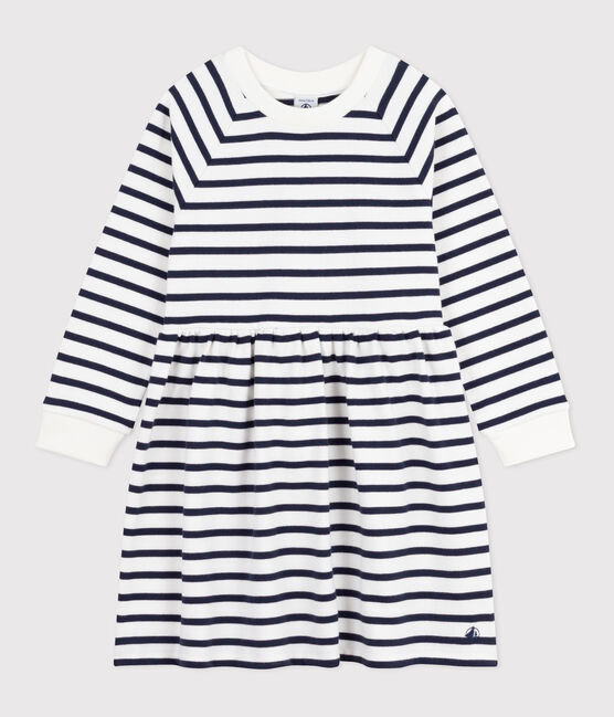 Katoenen kinderjurk met lange mouwen en strepen wit MARSHMALLOW/blauw SMOKING