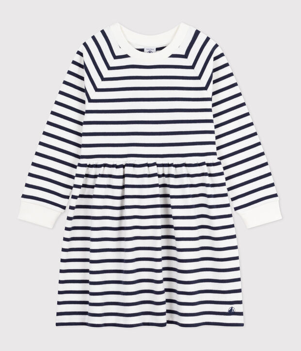 Robe enfant en coton manches longues &agrave; rayures blanc/bleu