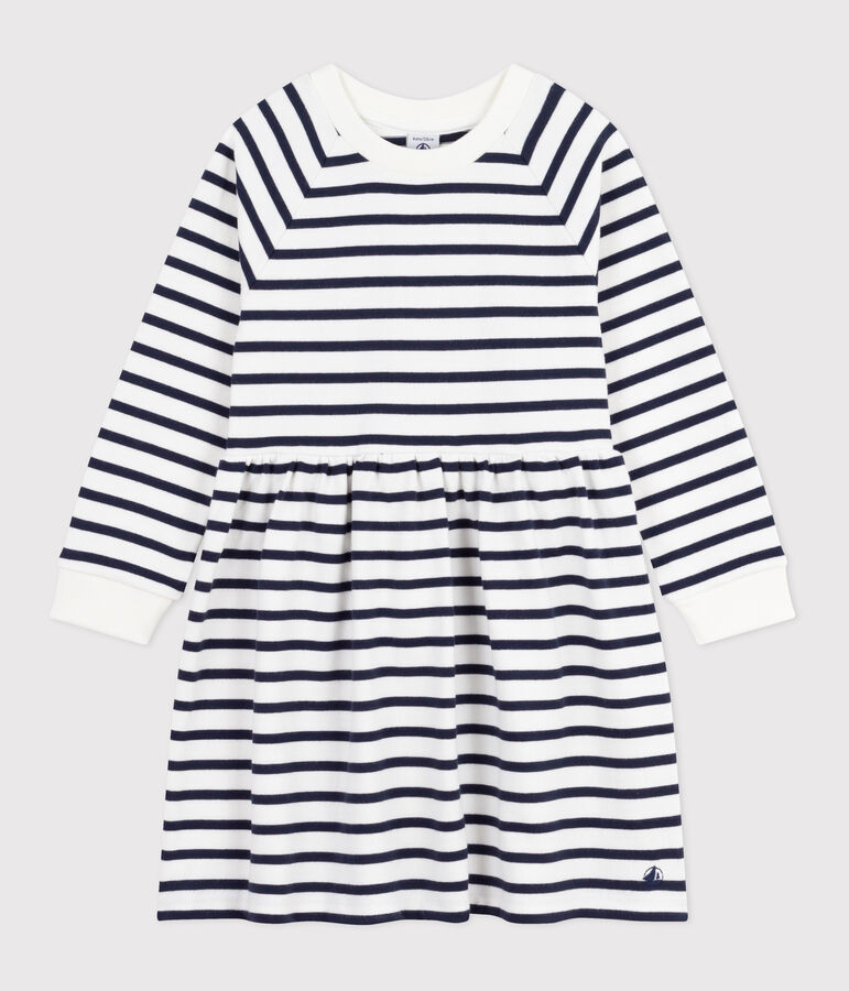 Robe enfant en coton manches longues &agrave; rayures blanc/bleu