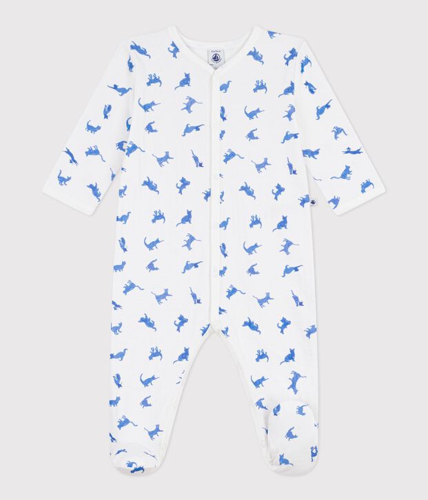 Babypyjama in tubic met kattenprint wit/blauw