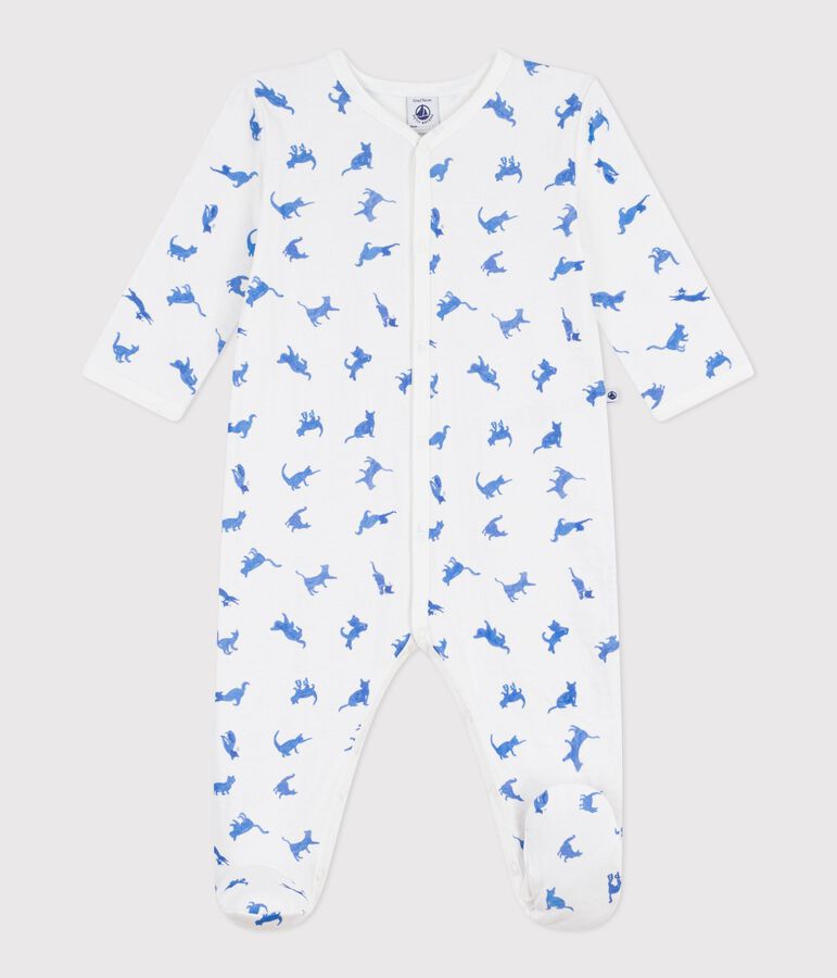 Pyjama b&eacute;b&eacute; en tubique imprim&eacute; chat blanc/bleu