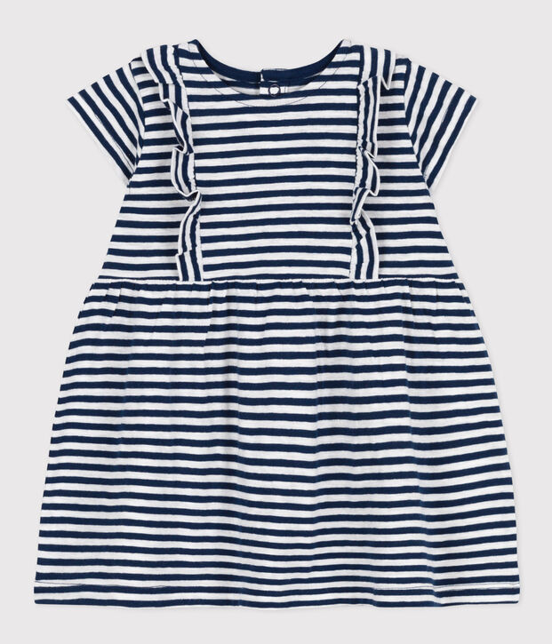 Gestreepte jurk met korte mouwen van gevlamde jerseystof voor baby's blauw/wit