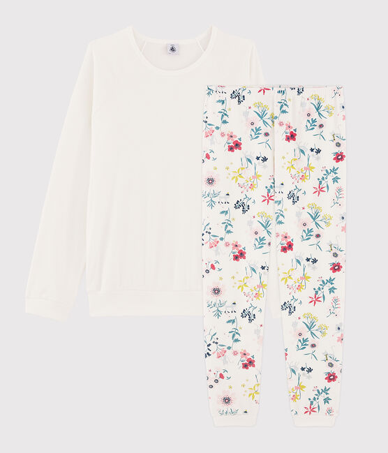 Pyjama fille / femme à fleurs bimatière blanc MARSHMALLOW/blanc MULTICO