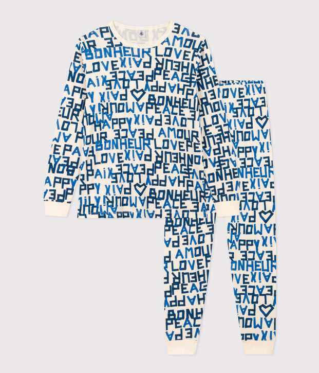 Katoenen jongenspyjama blauwe woorden ecru/multicouleur