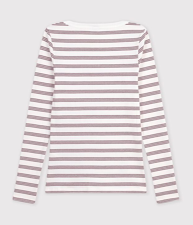 Gestreept katoenen T-shirt met hoge, licht afgeronde halslijn en lange mouwen voor dames wit/rood