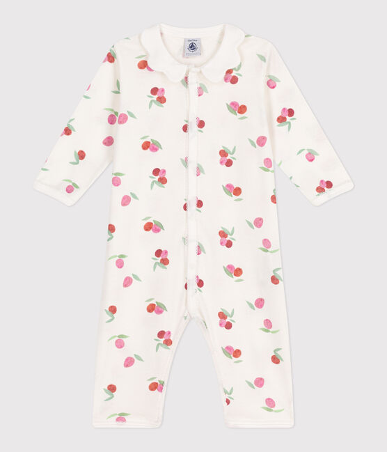 Katoenen babypyjama zonder voetjes met golvend kraagje en vruchtenprint wit MARSHMALLOW/wit MULTICO