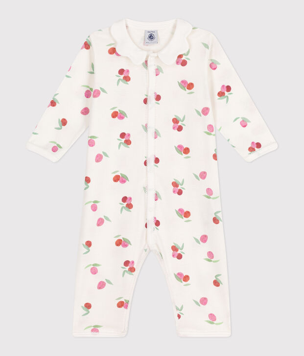 Katoenen babypyjama zonder voetjes met golvend kraagje en vruchtenprint wit/multicouleur