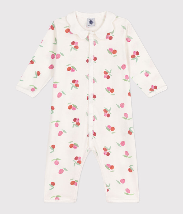 Katoenen babypyjama zonder voetjes met golvend kraagje en vruchtenprint wit MARSHMALLOW/wit MULTICO