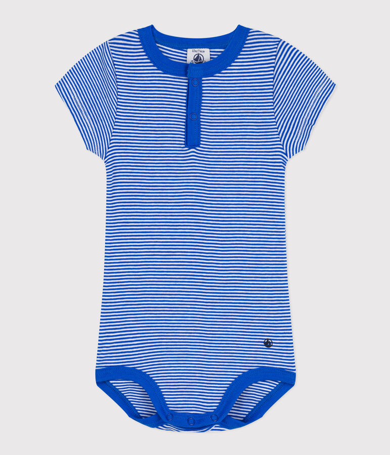 Body manches courtes b&eacute;b&eacute; ray&eacute; milleraies en coton bleu/blanc