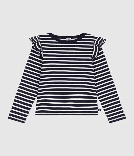 Katoenen T-shirt met lange mouwen en strepen voor kinderen blauw SMOKING/wit MARSHMALLOW