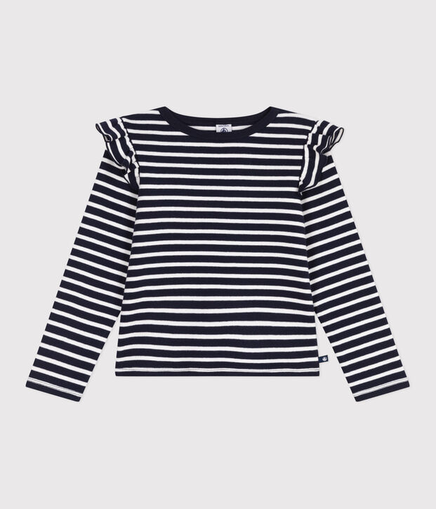 Tee-shirt enfant en coton manches longues &agrave; rayures bleu/blanc