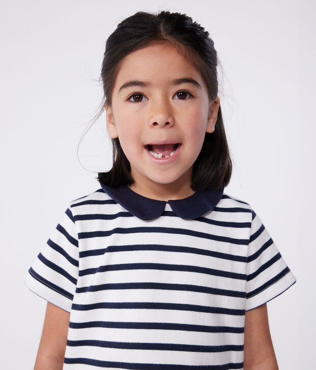 Robe enfant en coton manches courtes blanc/bleu