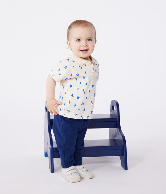 Katoenen polo met korte mouwen en bootjesprint voor baby's blauw AVALANCHE/wit PERSE