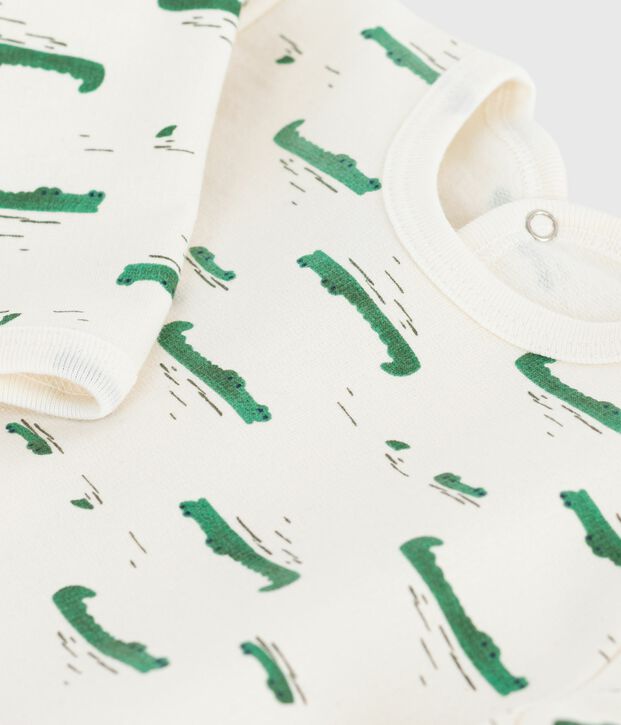 Babypyjama van geruwde fleece met opening op de rug en krokodillenprint ecru/multicouleur