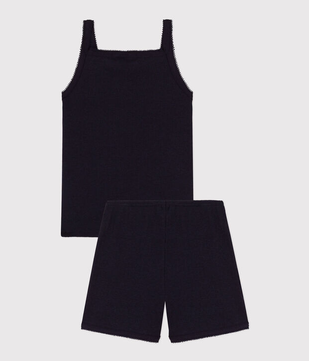 Pyjacourt &agrave; bretelles uni en coton et lyocell petite fille bleu marine