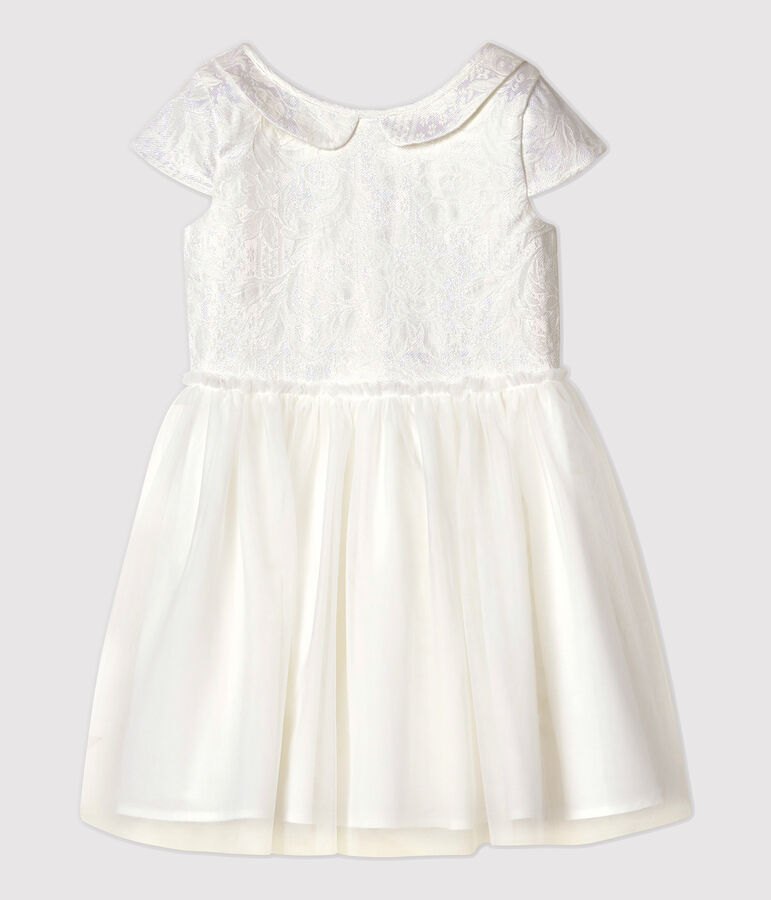 Robe c&eacute;r&eacute;monie en jacquard et tulle enfant fille blanc MARSHMALLOW