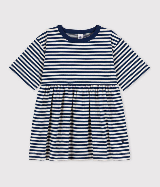 Robe rayée manches 3/4 en tubique enfant fille bleu MEDIEVAL/ MONTELIMAR