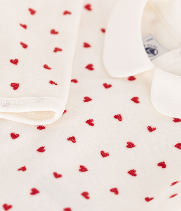 Fluwelen babypyjama met hartjesprint wit/rood