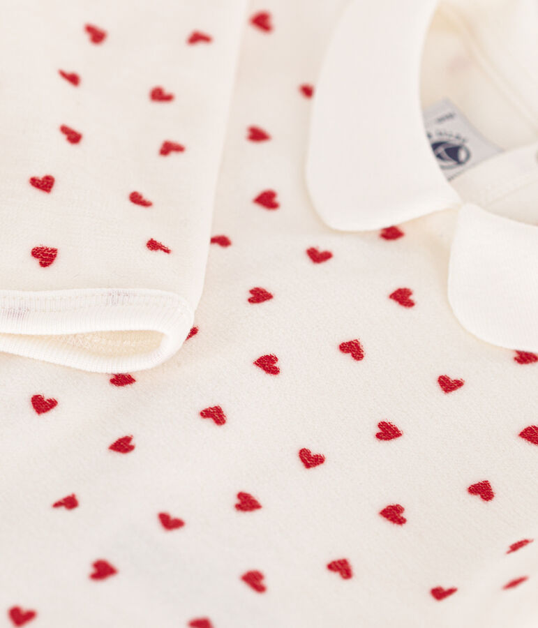 Fluwelen babypyjama met hartjesprint wit/rood