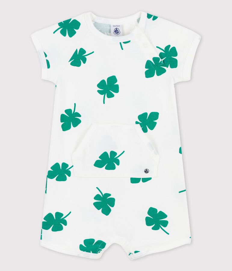 Combinaison courte imprim&eacute; v&eacute;g&eacute;tal en molleton b&eacute;b&eacute; blanc MARSHMALLOW/vert GAZON