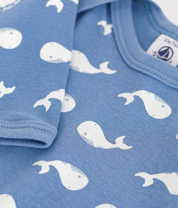 Body manches longues en coton b&eacute;b&eacute; bleu/blanc