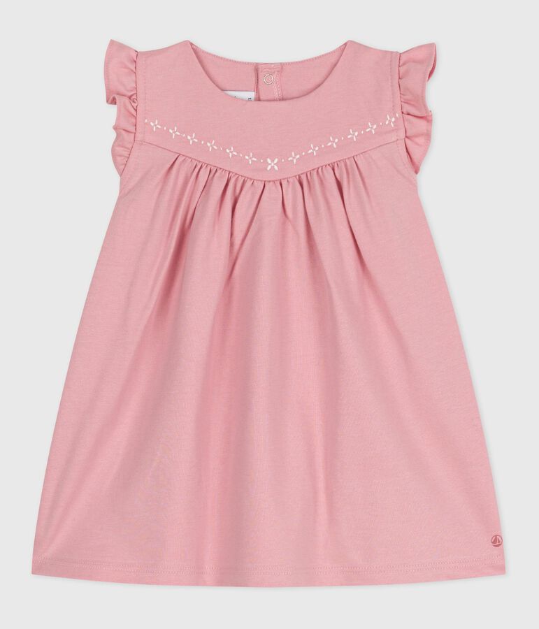 Robe b&eacute;b&eacute; en coton sans manches unie et d&eacute;tails brod&eacute;s au col rose