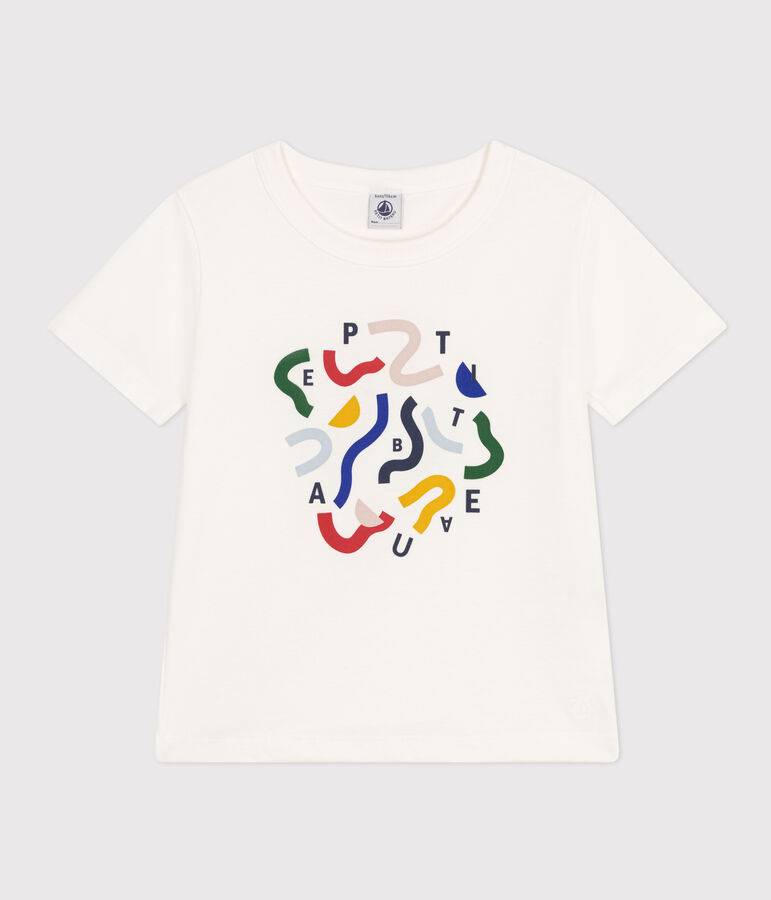 T-shirt met print van lichte jersey voor jongens wit MARSHMALLOW