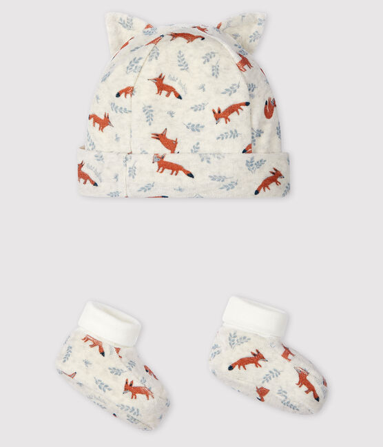 Lot bonnet naissance et chaussons renard bébé garçon en velours beige MONTELIMAR/blanc MULTICO